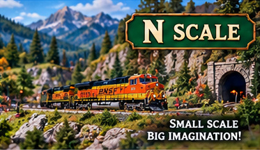 N-scale model train crossing a scenic bridge
