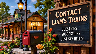 Contact Liam's Trains station sign