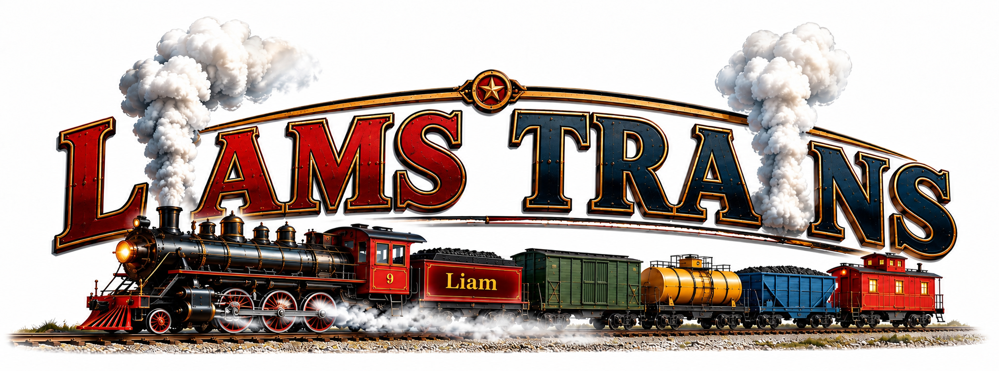 Liam's Trains, steam locomotive beneath a vintage railroad logo with smoke-shaped letters